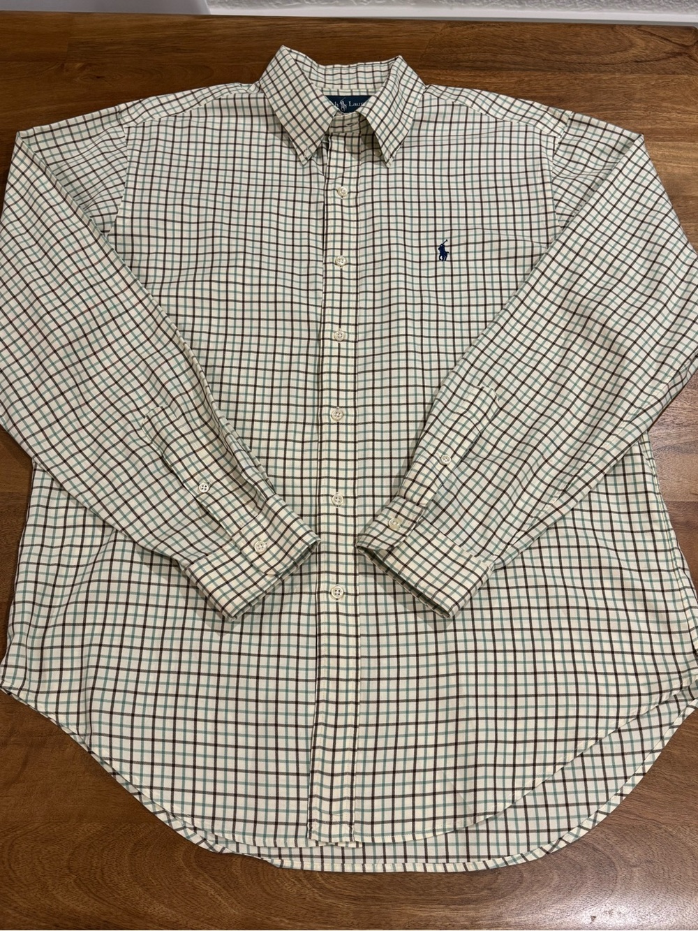 Ralph Lauren Cream Button-Down Shirt with Green & Brown Check Size Large *EUC*